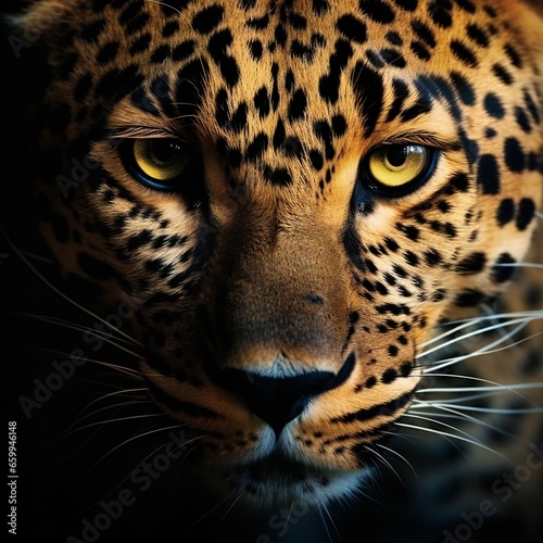 Head shot, portrait of a Spotted leopard facing at the camera on black background