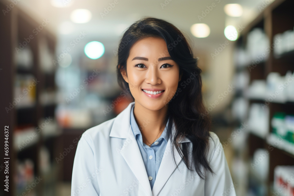 Naklejka premium Health care concept. Portrait of smiling friendly Asian female professional pharmacist in red shirt in lab white coat standing in pharmacy shop or drugstore in front of shelf with medicines