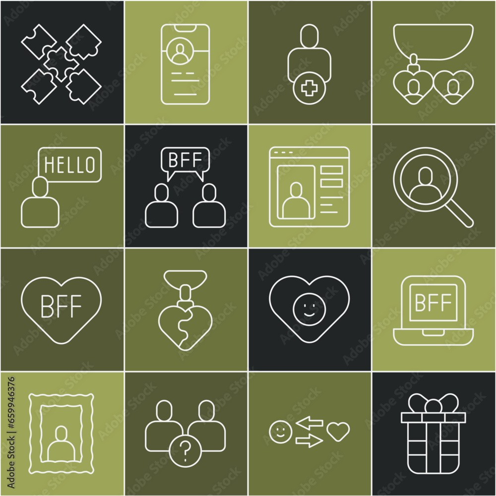 Set line Gift box, BFF or best friends forever, Magnifying glass search, Add to, Acquaintance, Puzzle pieces toy and Dating app online icon. Vector