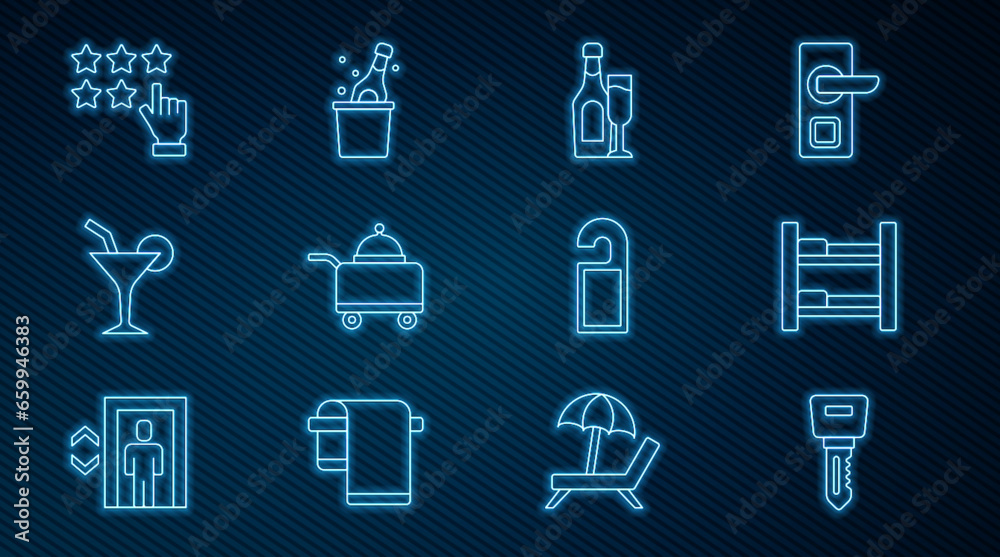 Set line Hotel door lock key, room bed, Champagne bottle with glass, Covered tray of food, Cocktail, Stars rating, Please not disturb and Bottle champagne icon. Vector