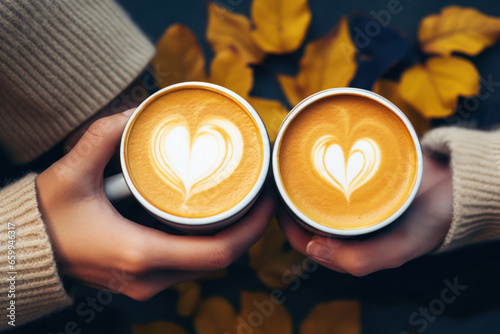 Two autumn coffee with hearts in hands for two with love. Cozy time in autumn. Close up. View from above. photo