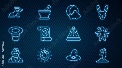 Set line Zombie hand, Voodoo doll, Moon stars, Magic scroll, hat, Hermes sandal, Masons and Mortar pestle icon. Vector