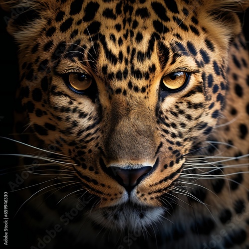 Head shot, portrait of a Spotted leopard facing at the camera on black background © Yulia