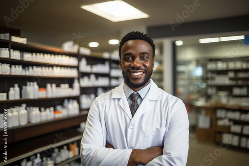 Friendly smiling African American male professional pharmacist in shirt, arms crossed in lab white coat standing in pharmacy shop or drugstore in front of shelf with medicines. Health care concept. © Valeriia