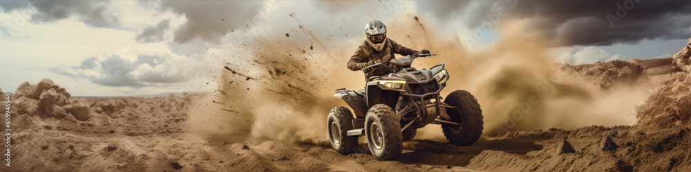 Rider on quad bike in dust path. Desert rider in action. Rider on quad bike in dust path. Desert rider in action.