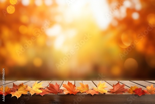 Wooden table in front of blurred autumn leaves background. Ready for product display montage.