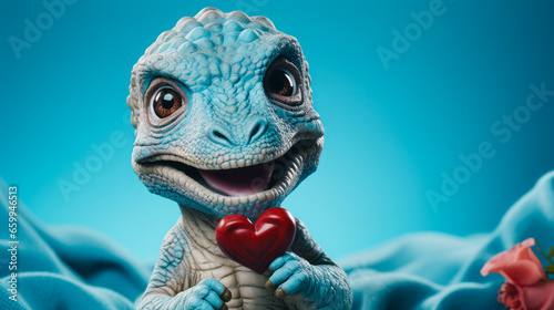 Illustrated concept for Valentine s Day. A happy little dinosaur holds a heart as a gift on a blue background.