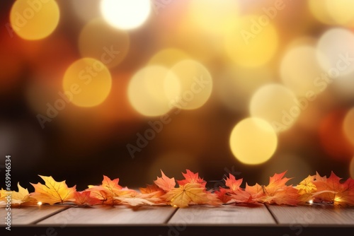 Wooden table in front of blurred autumn leaves background. Ready for product display montage.