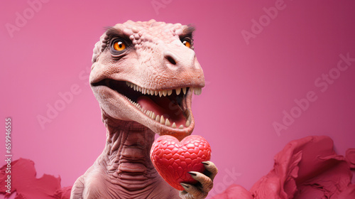 Illustrated concept for Valentine s Day. Happy little dinosaur holding a heart as a gift on a pink background.