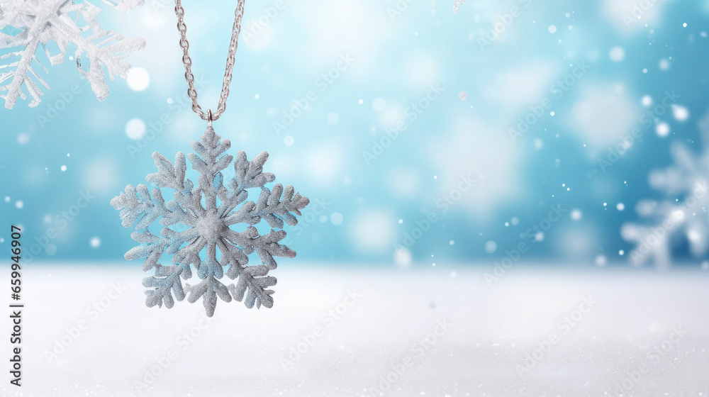 Jewelry necklace pendant in the form of a snowflake on a snowy winter scenery background. Free space for product placement or advertising text. Jewelry necklace pendant in the form of a snowflake on a snowy winter scenery background. Free space for product placement or advertising text.
