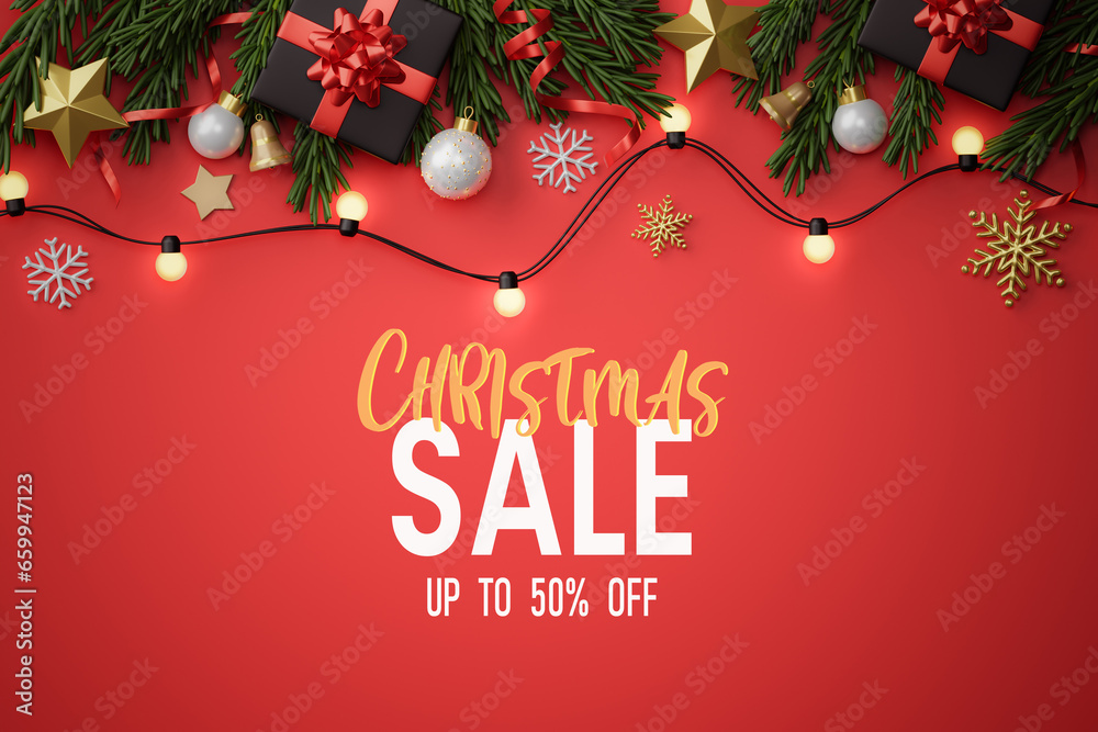 Christmas sale poster. Background Xmas design of sparkling lights garland, with realistic gifts box, gold snowflake and green pine leaves. Horizontal christmas poster, greeting cards, website