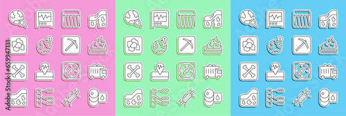 Set line Barrel oil, Mining dump truck, Ore mining, Ground, Location on the globe, Gold nugget, Magnifying glass with and Pickaxe icon. Vector