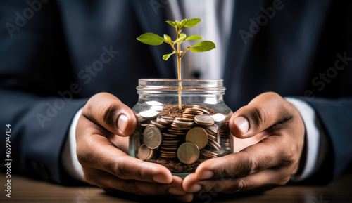 Businessman hands holding a glass container full of coins and little plant