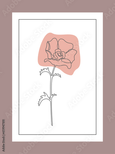 Poster, picture with poppy in the linart style with thin frame with abstract spots on white background photo