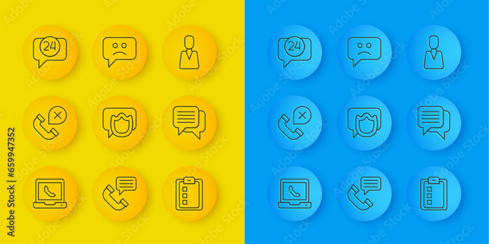 Set line Telephone 24 hours support, Declined missed call, Speech bubble chat, Online quiz, test, survey, Employee and Sad smile icon. Vector Set line Telephone 24 hours support, Declined missed call, Speech bubble chat, Online quiz, test, survey, Employee and Sad smile icon. Vector