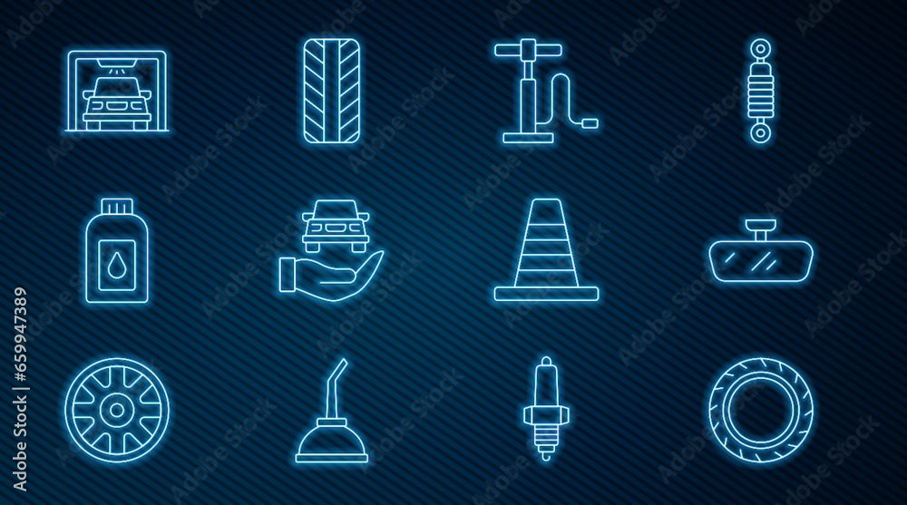 Set line Car tire wheel, mirror, air pump, Auto service check automotive, Canister for motor machine oil, wash, Traffic cone and icon. Vector Set line Car tire wheel, mirror, air pump, Auto service check automotive, Canister for motor machine oil, wash, Traffic cone and icon. Vector