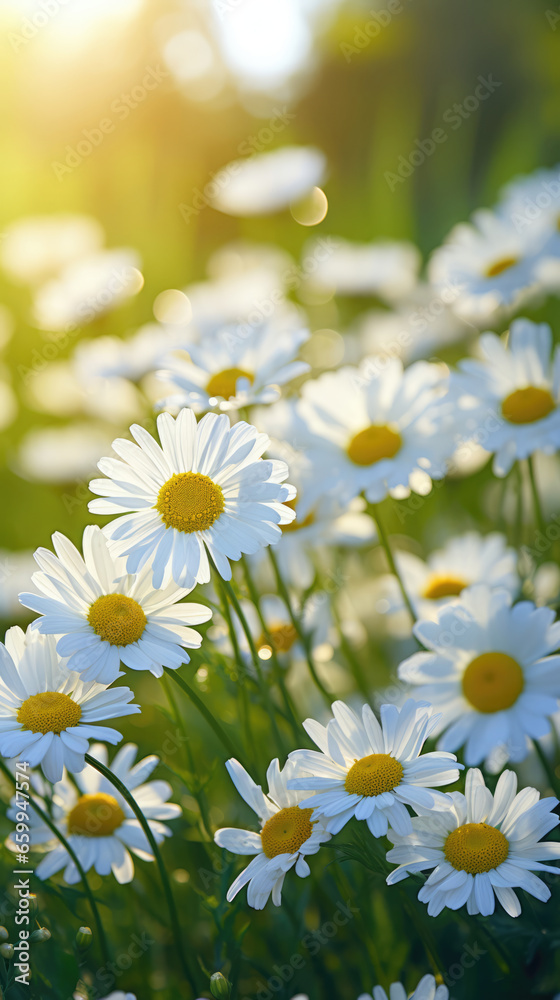 Sunlit Daisies in a Field, Radiating Natural Beauty and Serenity, Perfect for Nature Enthusiasts and Botanical Lovers