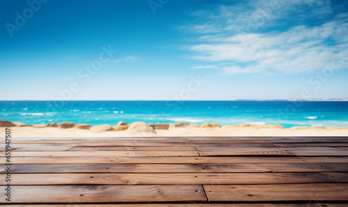 Wooden table for product presentation on the blur nature sea background.