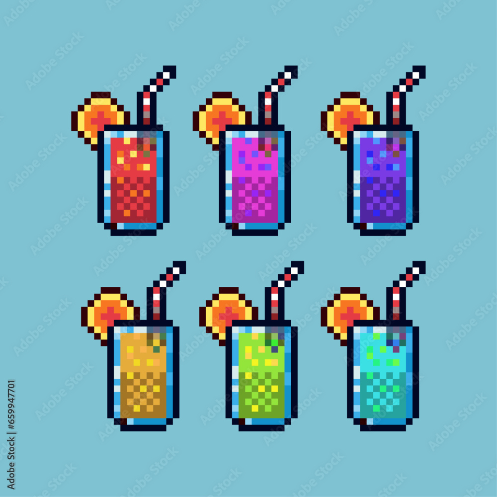 Pixel art sets of fresh juice with variation color item asset. Simple bits of juice on pixelated style. 8bits perfect for game asset or design asset element for your game design asset.