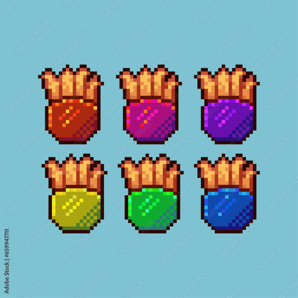 Pixel art sets of french fries with variation color item asset. Simple bits of french fries on pixelated style. 8bits perfect for game asset or design asset element for your game design asset.