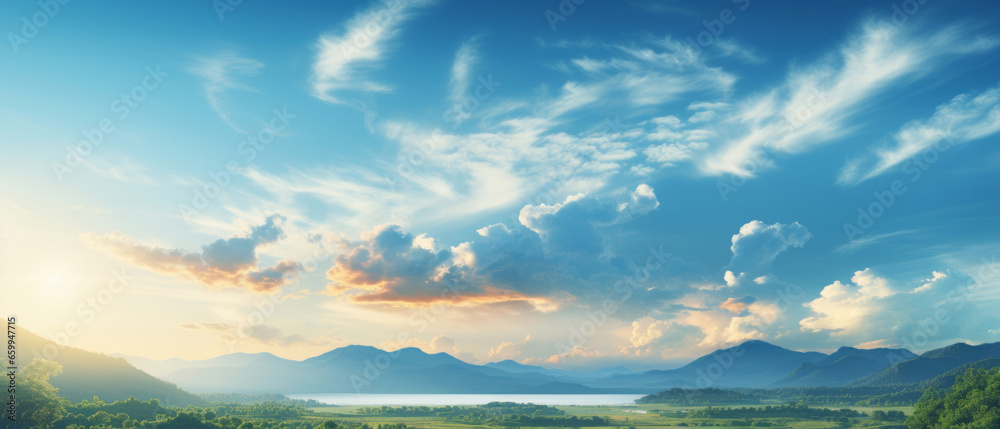 Wide view of lake. Cloudy blue-sky. Background concept.