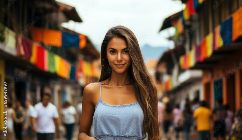 Young woman enjoying a vibrant street filled with colorful flags in a lively market during a sunny day in a quaint town