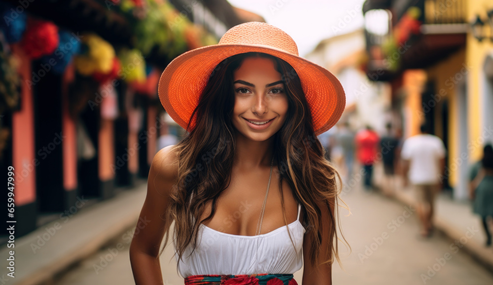 woman in summer hat in the street 