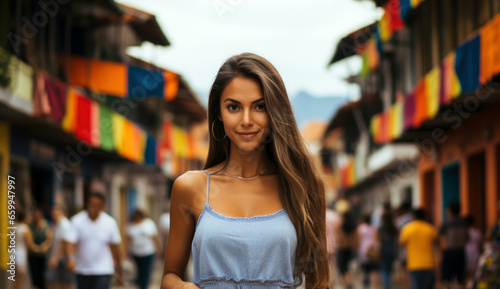 Young woman enjoying a vibrant street filled with colorful flags in a lively market during a sunny day in a quaint town