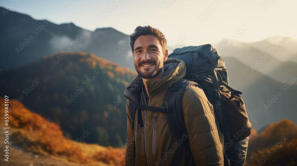 Happy young man standing on mountain in foggy weather