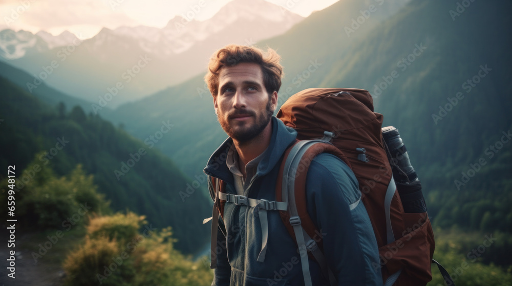 Happy young man standing on mountain in foggy weather Happy young man standing on mountain in foggy weather