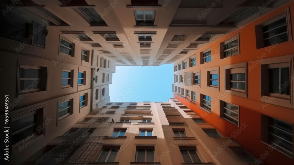Surrounded building with walls and windows, stretching from ground to sky, captured in a breathtaking photograph Surrounded building with walls and windows, stretching from ground to sky, captured in a breathtaking photograph