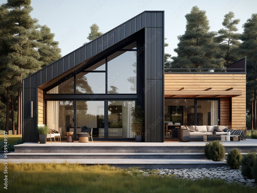 Chic loft house exterior with a touch of sophistication. AI Generation. Chic loft house exterior with a touch of sophistication. AI Generation.