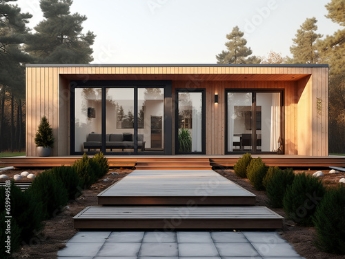 A sleek minimalism house exterior with elegant furniture. AI Generation.