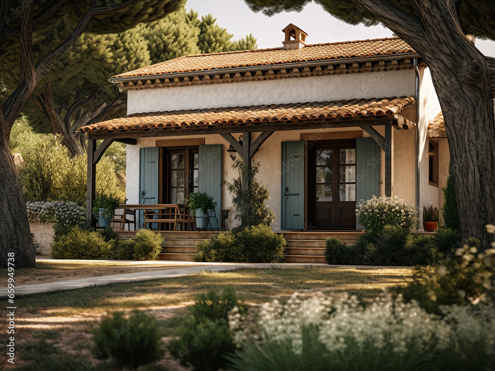 Quaint Provence house exterior with lovely design. AI Generation.