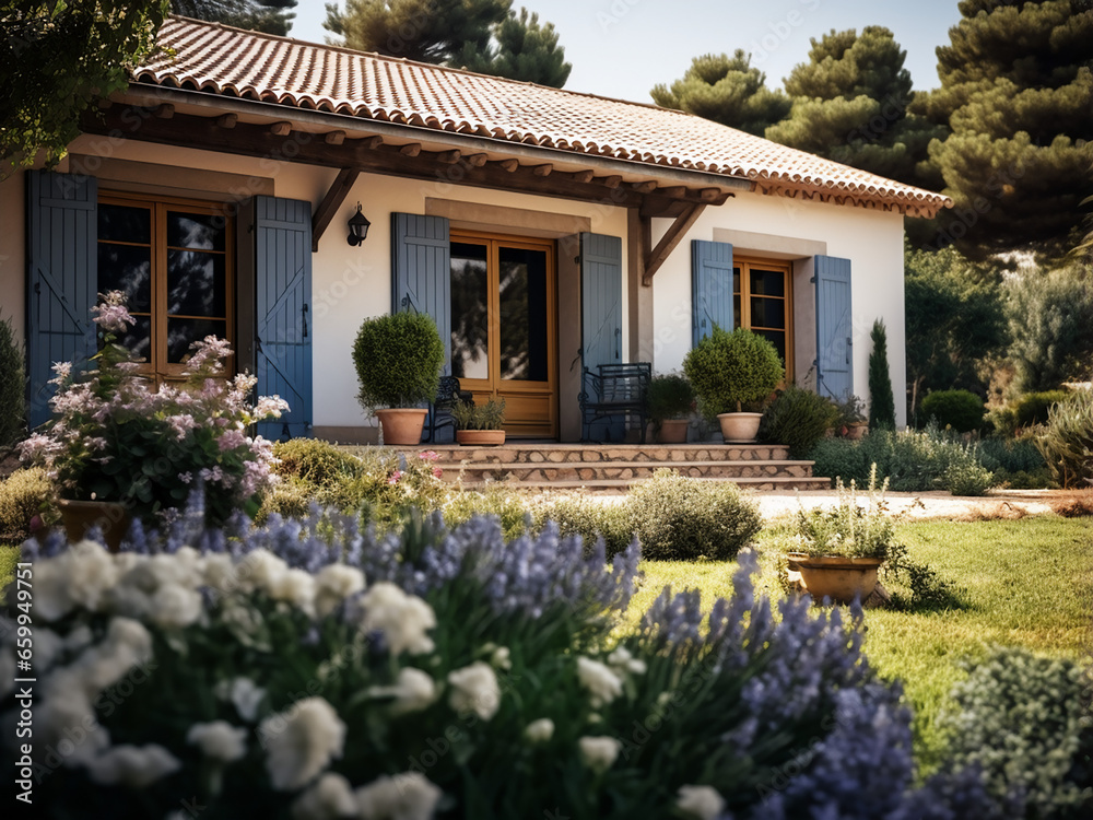 Fototapeta premium Picturesque Provence house exterior with stylish furniture. AI Generation.