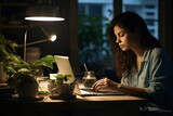 Woman typing on laptop in home office at night time