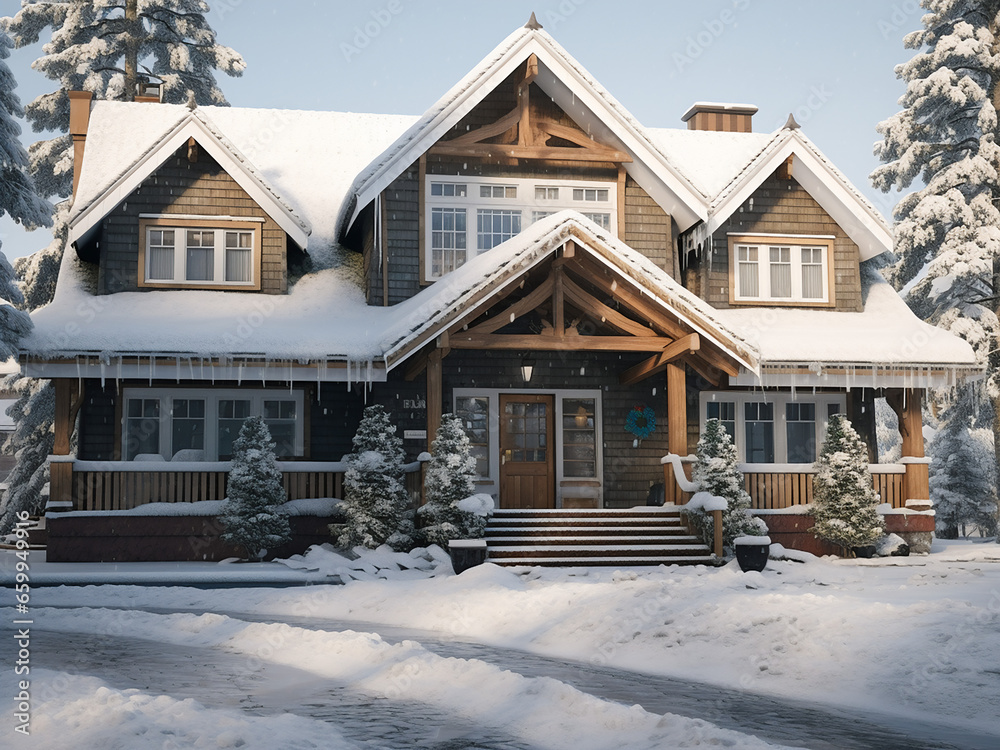 Snowy cabin's exterior, a perfect winter escape. AI Generation.