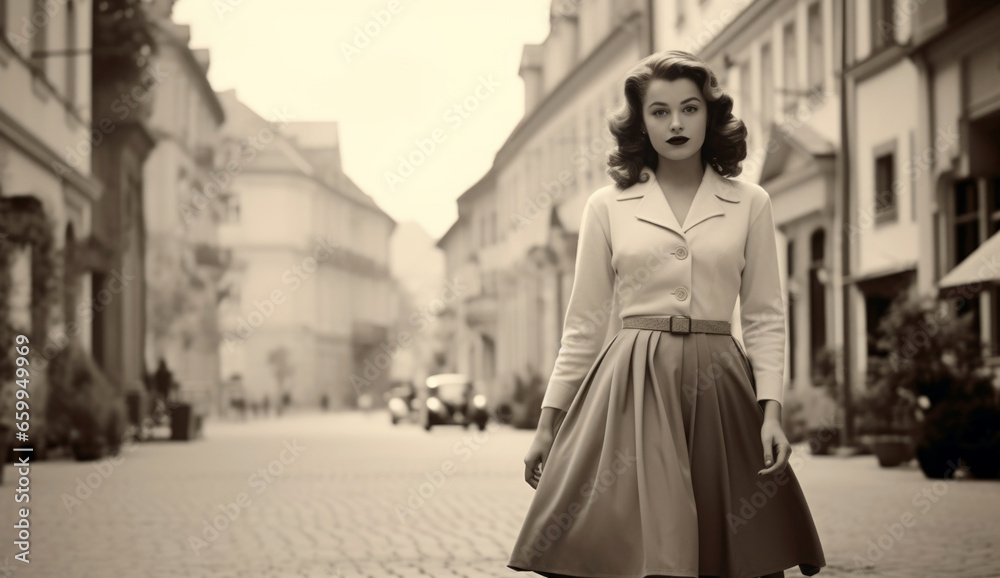 Obraz premium Vintage-inspired model poses on a charming cobblestone street in a quaint European town, capturing the essence of a bygone era with classic fashion and timeless beauty
