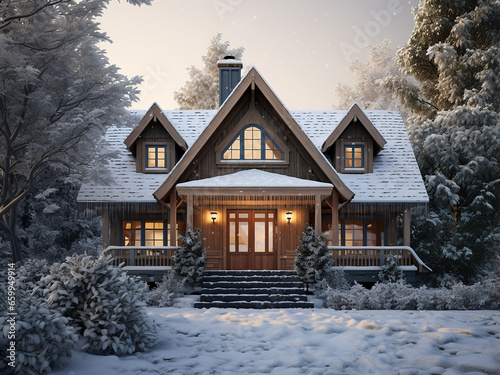 Winter paradise: a snow-covered house exterior. AI Generation. © Llama-World-studio