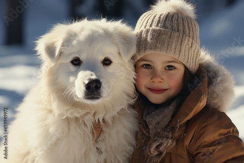 Close-up portrait of a charming little girl in winter parka and knitted hat with a big shaggy dog in winter snowy park. Cute child hugging her adored puppy. Love and affection between child and pet. © Georgii