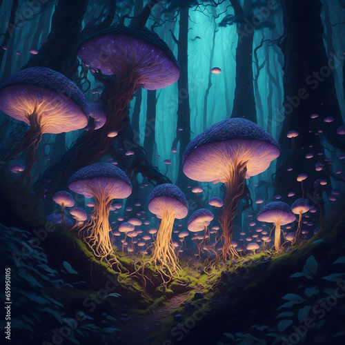 fungi forest at night with lights