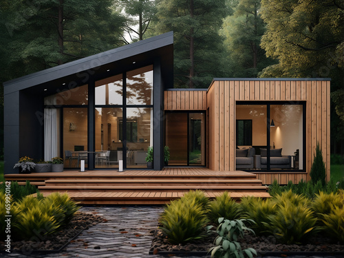 Wood house exterior showcasing stylish design. AI Generation. © Llama-World-studio