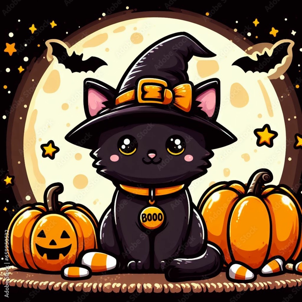 Cute cat in witch hat on the moon. Vector illustration.