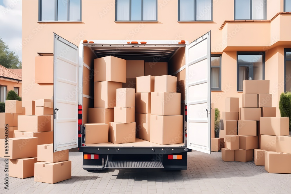 House removal truck with boxes. Van full of moving boxes and furniture near house. Relocation concept, cargo transportation. House removal truck with boxes. Van full of moving boxes and furniture near house. Relocation concept, cargo transportation.