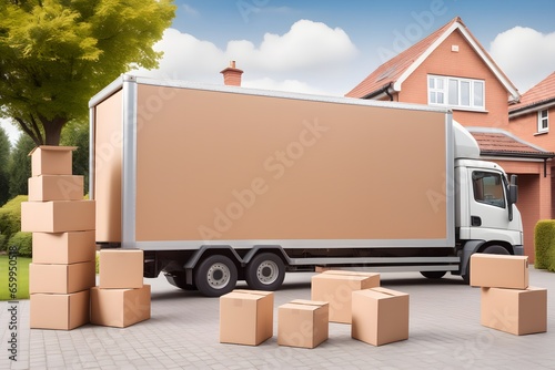 House removal truck with boxes. Van full of moving boxes and furniture near house. Relocation concept, cargo transportation. © 360VP