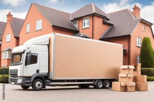 House removal truck with boxes. Van full of moving boxes and furniture near house. Relocation concept, cargo transportation. © 360VP