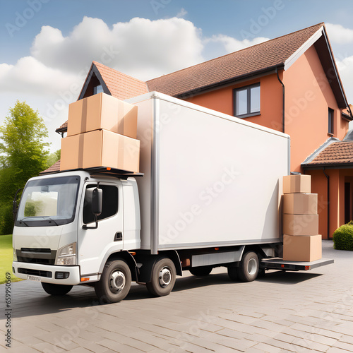 House removal truck with boxes. Van full of moving boxes and furniture near house. Relocation concept, cargo transportation. © 360VP