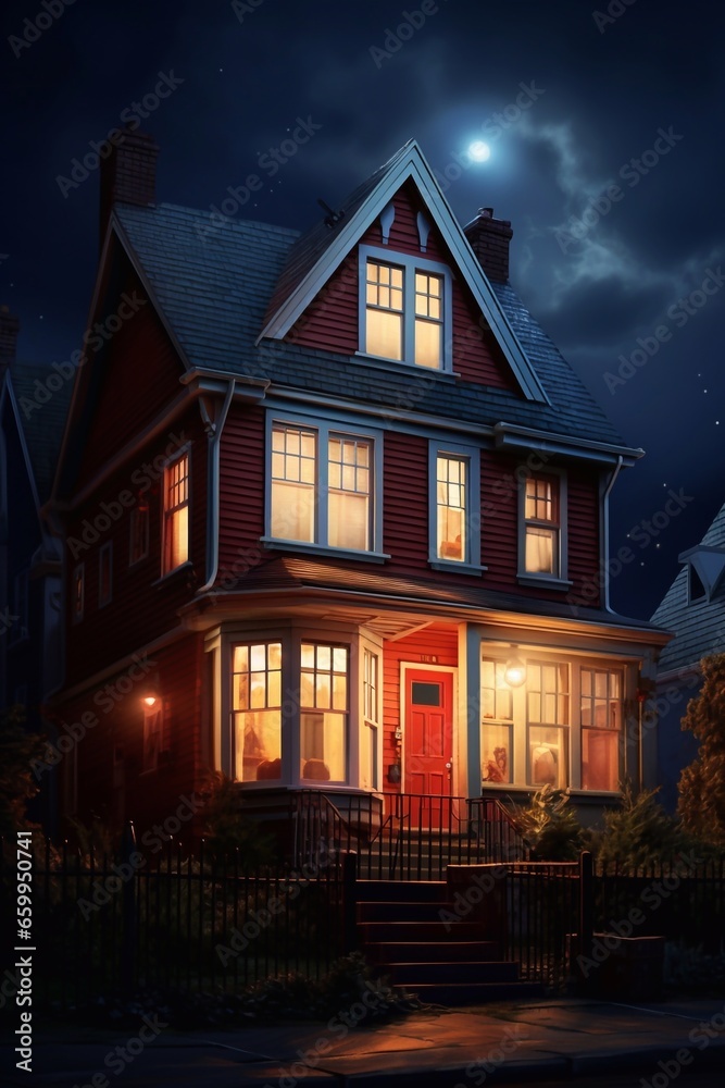 Cozy house in the evening with lights in windows Cozy house in the evening with lights in windows