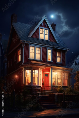 Cozy house in the evening with lights in windows