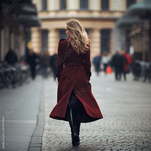 Fashion woman walking away in the autumn city